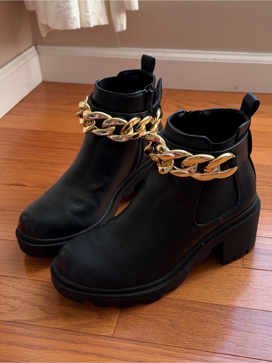 a new day Shoes - Black Platform Ankle Chelsea Boots with Gold Chain Accent